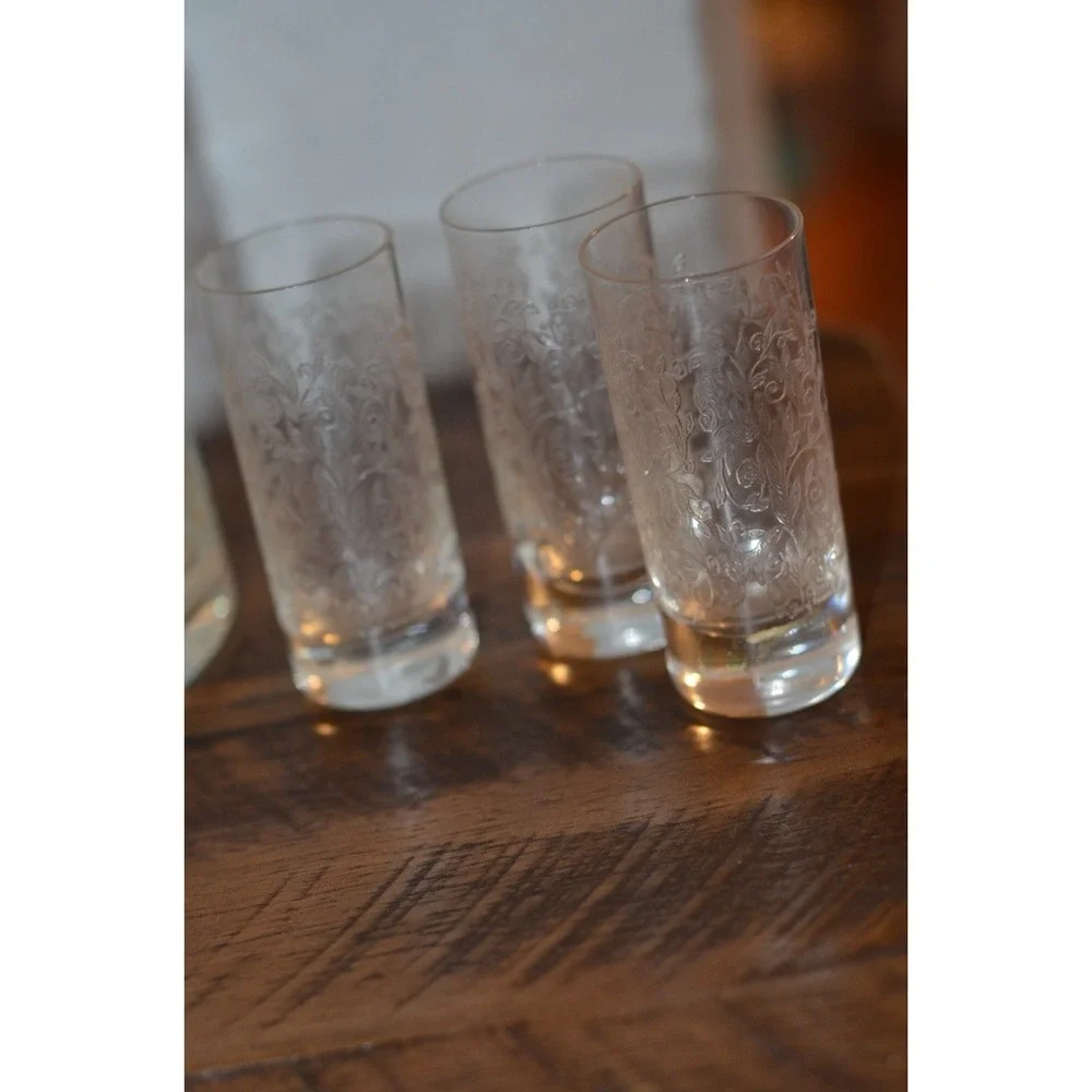 Vintage Etched Glass Liquor Decanter W/ 6 Matching Cordial Glasses- Floral Vine